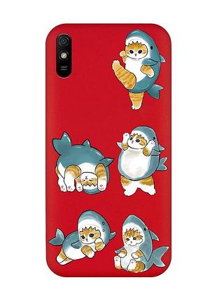 Матовый красный чехол на xiaomi redmi 9a :: котенки акулы (принт 381)