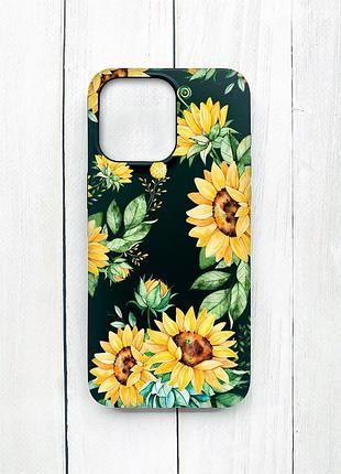 Матовый чехол на iphone 15 pro max черный подсолнухи (принт 288)