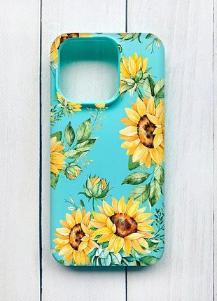 Матовый чехол на iphone 15 pro бирюзовый :: подсолнухи (принт 288)