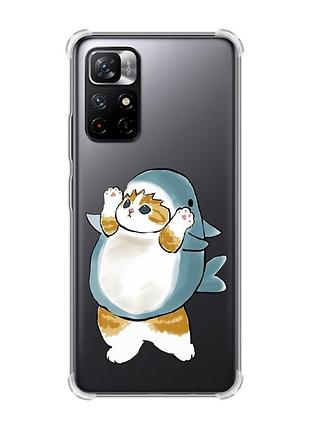 Чохол з потовщеними кутами на xiaomi redmi note 11 5g :: котик акула (принт 379)