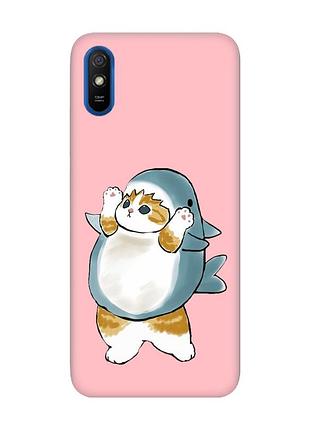 Матовый розовый чехол на xiaomi redmi 9a :: котенок акула (принт 379)