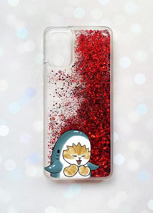 Чехол с плавающими блестками на samsung galaxy a02s красный :: котёнок акула (принт 376)
