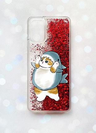 Чехол с плавающими блестками на samsung galaxy a02s красный :: котенок акула (принт 379)