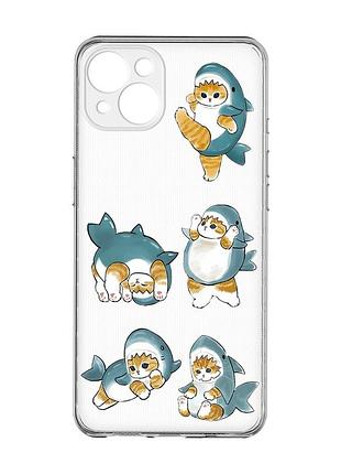 Прозрачный чехол с защитой камер на iphone 15 plus :: котенки акулы (принт 381)