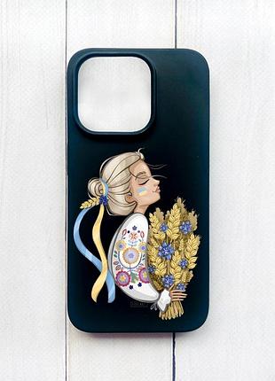 Матовый чехол на iphone 15 pro черный :: украинка с колосками (принт 173)