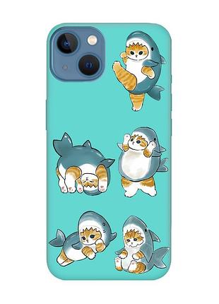 Матовий бірюзовий чохол на apple iphone 13 :: котики акули (принт 381)