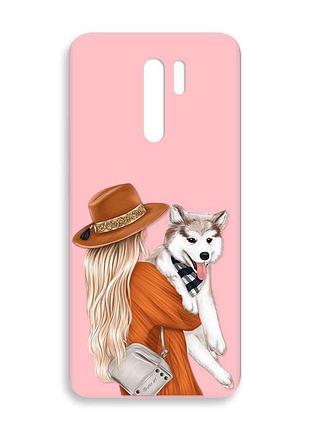 Матовий рожевий чохол на xiaomi redmi 9 :: дівчина з песиком (принт 115)
