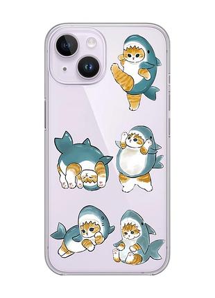 Прозрачный чехол с защитой камеры на iphone 14 :: котенки акулы (принт 381)