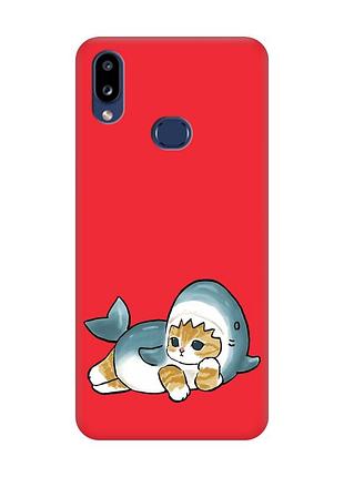 Матовый красный чехол на samsung galaxy a10s (a107) :: котенок акула (принт 355)