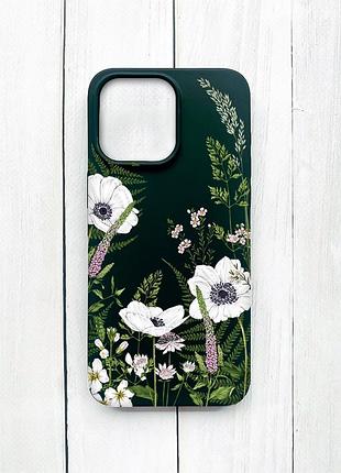 Матовый чехол на iphone 15 pro max черный цветы полевые (принт 363)
