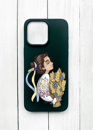 Матовий чохол на iphone 15 pro max чорний українка з колосками (принт 172)