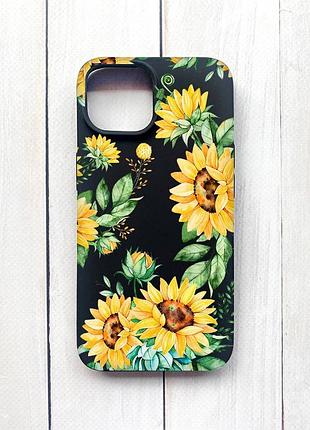 Матовый чехол на iphone 15 черный :: подсолнухи (принт 288)