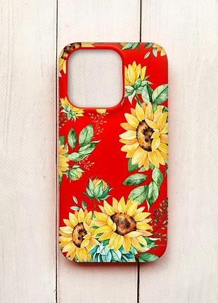 Матовый чехол на iphone 15 pro красный :: подсолнухи (принт 288)