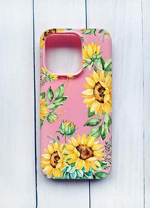 Матовый чехол на iphone 15 pro розовый :: подсолнухи (принт 288)