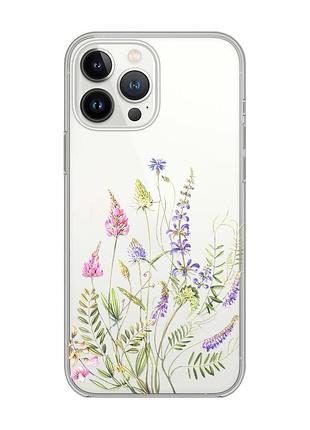 Прозрачный чехол с защитой камеры на iphone 14 pro max :: цветочная идиллия (принт 382)