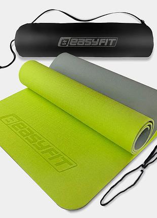Коврик для йоги и фитнеса easyfit tpe+tc 6 мм двухслойный + чехол лимонный-серый
