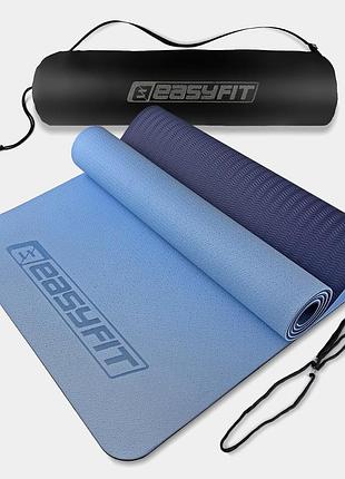 Коврик для йоги и фитнеса easyfit tpe+tc 6 мм двухслойный + чехол голубой-синий