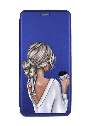 Чехол-книжка с рисунком для xiaomi redmi 9a синий :: девушка с латте (принт 227)