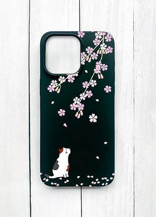 Матовый чехол на iphone 15 pro max черный котик и сакура (принт 283)