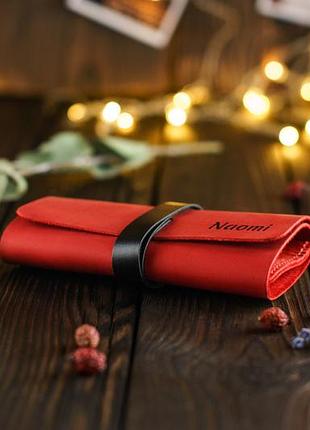 Персоналізований шкіряний органайзер для usb кабелю, проводів, зарядного пристрою червоний