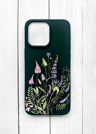 Матовий чохол на iphone 15 pro max чорний квіткова ідилія (принт 382)