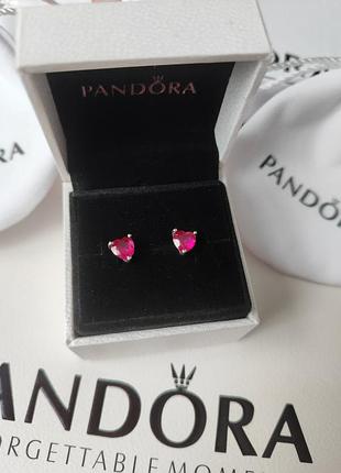 Сережки панд. "червоне серце" pand., 925 проба, малинове серце гвіздочки, гвоздики, кульчики