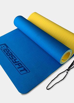 Коврик для йоги и фитнеса easyfit tpe+tc 6 мм двухслойный синий-желтый