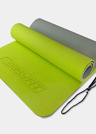 Коврик для йоги и фитнеса easyfit tpe+tc 6 мм двухслойный лимонный-серый