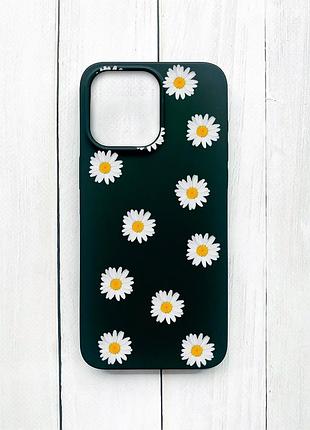 Матовый чехол на iphone 15 pro max черный фон ромашки (принт 41)
