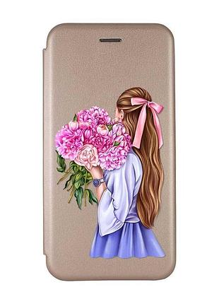 Чохол-книжка з малюнком для xiaomi redmi 10c золотий :: дівчина з півоніями (принт 11)
