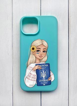 Матовий чохол на iphone 15 бірюзовий :: дівчина з паспортом (принт 13)