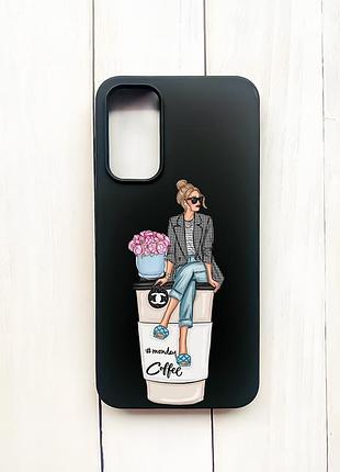 Матовий чохол на samsung galaxy a15 (a155) / m15 чорний :: дівчина на каві (принт 228)