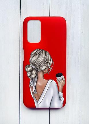 Матовый чехол на xiaomi redmi 9t красный :: девушка с латте (принт 227)