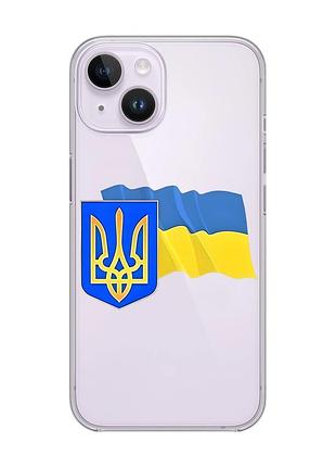 Прозрачный чехол с защитой камеры на iphone 14 :: тризуб и флаг украины (принт 384)