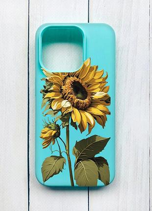 Матовый чехол на iphone 15 pro бирюзовый :: подсолнечник (принт 274)