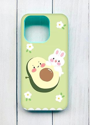 Матовий чохол з бірюзовими боками на iphone 15 pro :: авокадо і зайченя (принт 311)