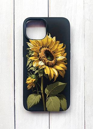 Матовый чехол на iphone 15 черный :: подсолнечник (принт 274)