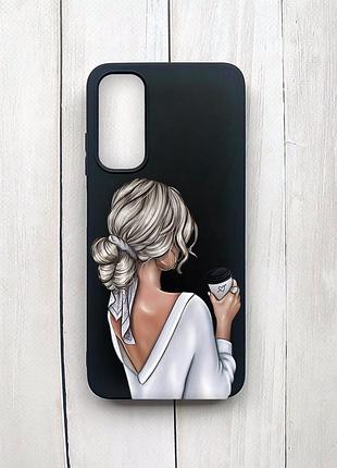 Матовый чехол на samsung galaxy a05s (a057) черный :: девушка с латте (принт 227)