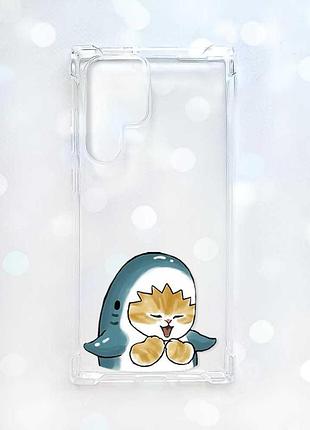 Чехол с утолщёнными углами на samsung galaxy s22 ultra :: котёнок акула (принт 376)