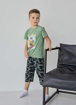 Подростковый комплект с шортами на мальчика tom john - мишка на серфе - family look папа/сын 89900 14-15, хаки