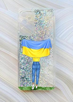 Чехол с плавающими блестками на samsung galaxy a34 5g (a346) серебристый :: девушка с флагом (принт 263)