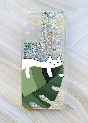 Чехол с плавающими блестками на samsung a15 (a155) / m15 серебристый :: кот на листе (принт 367)