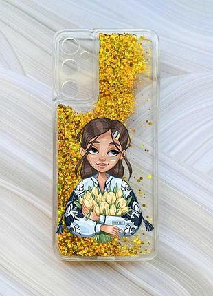 Чехол с плавающими блестками на samsung galaxy a35 (a356) золотой :: девушка с тюльпанами (принт 22)