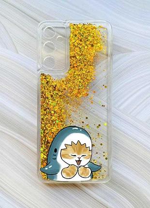 Чехол с плавающими блестками на samsung galaxy a24 (a245) золотой :: котёнок акула (принт 376)