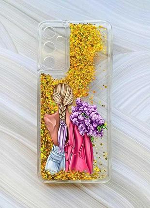 Чохол з плаваючими блискітками на samsung galaxy a05s (a057) золотий :: дівчина з бузком (принт 7)