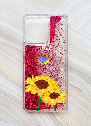 Чехол с плавающими блестками на xiaomi redmi 13c / poco c65 розовый :: желтые цветы (принт 364)