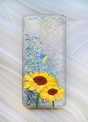 Чехол с плавающими блестками на samsung galaxy a04 серебристый :: желтые цветы (принт 364)