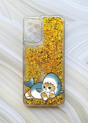 Чехол с плавающими блестками на samsung galaxy a23 золотистий :: котенок акула (принт 355)