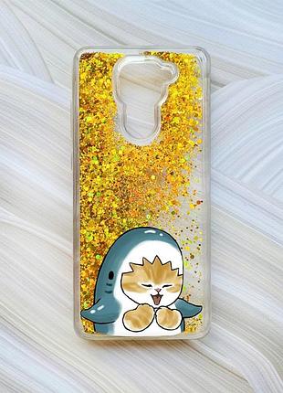 Чохол з плаваючими блискітками на xiaomi redmi note 9/10x золотий :: котик акула (принт 376)