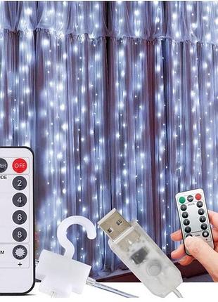 Гирлянда штора капля росы sun lamp 3х3 метра 300 led с пультом и usb питанием, белое свечение